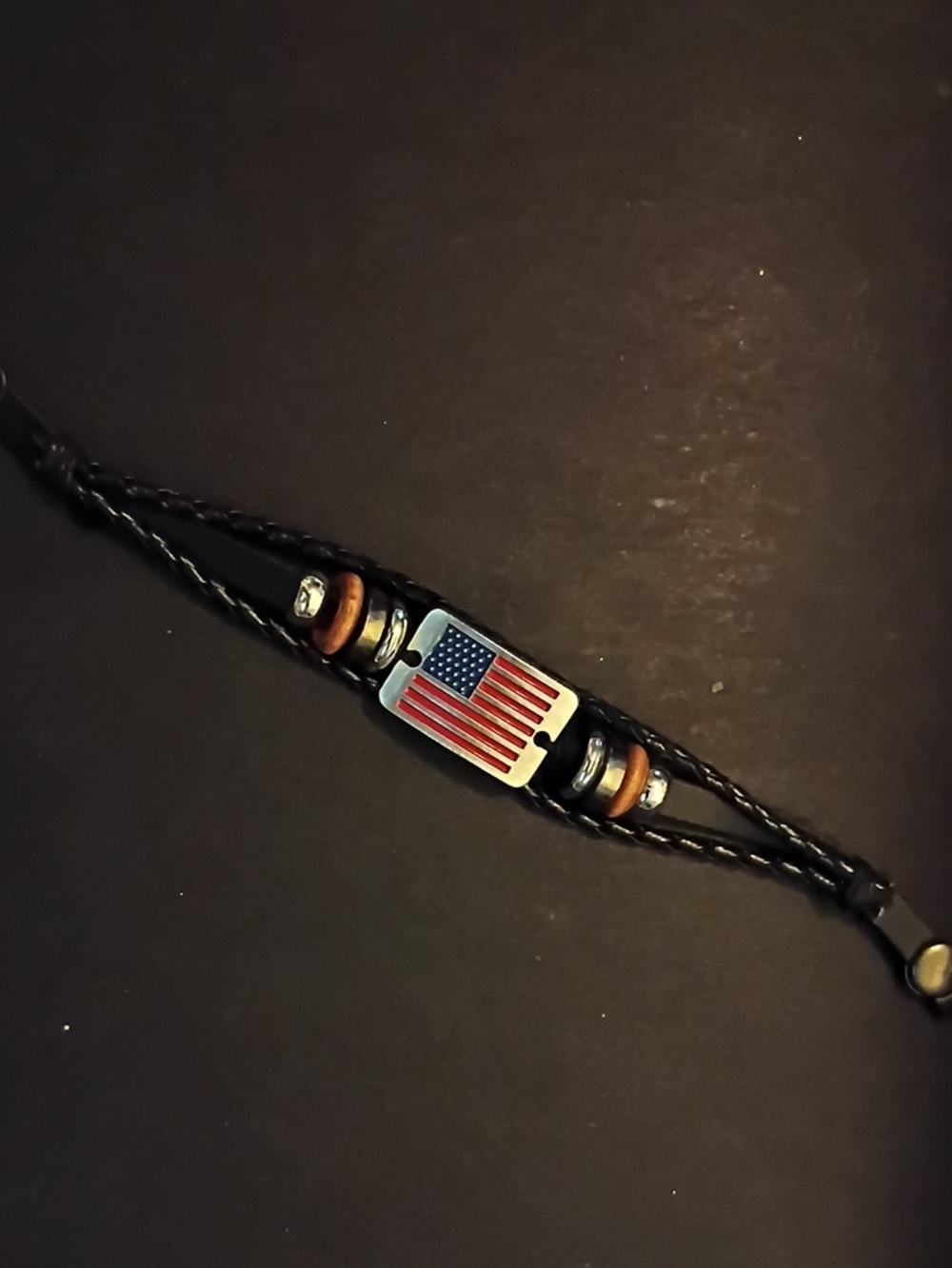 Men's Black Leather Bracelet with American Flag Plate